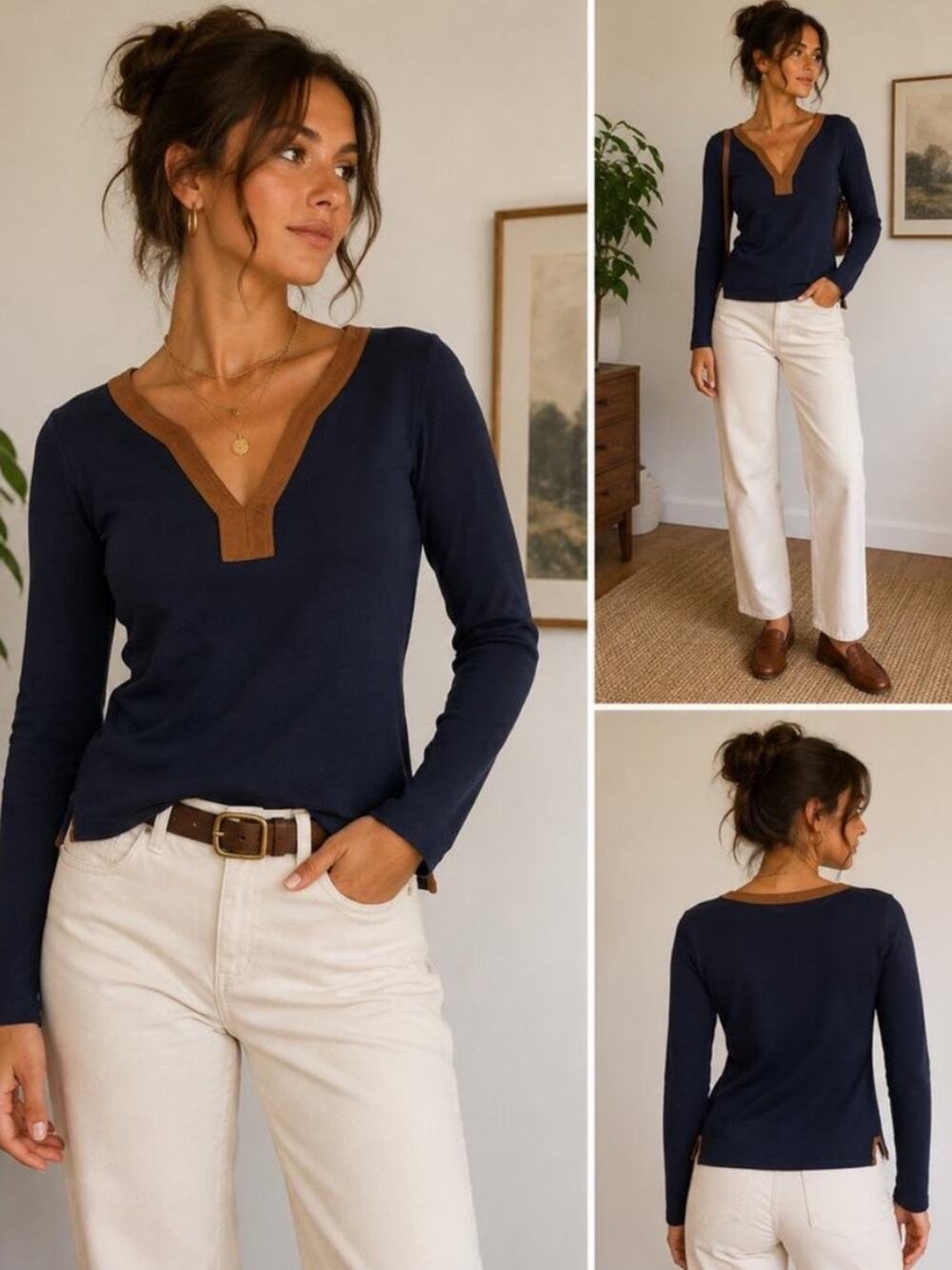 Lauren Ralph Lauren Blue Top Brown Faux Suede Shirt Trim Tunic Medium cotton